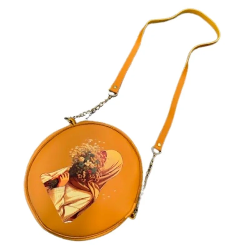 Round Retro Crossbody Handbag | Caramel Faux Leather with Artistic Print for Women - Image 7