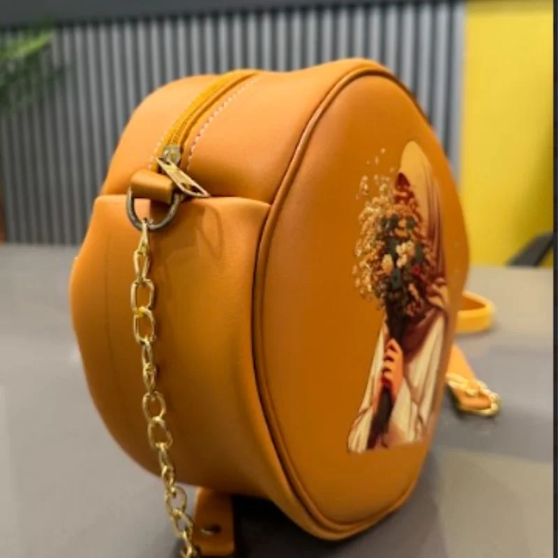 Round Retro Crossbody Handbag | Caramel Faux Leather with Artistic Print for Women - Image 6