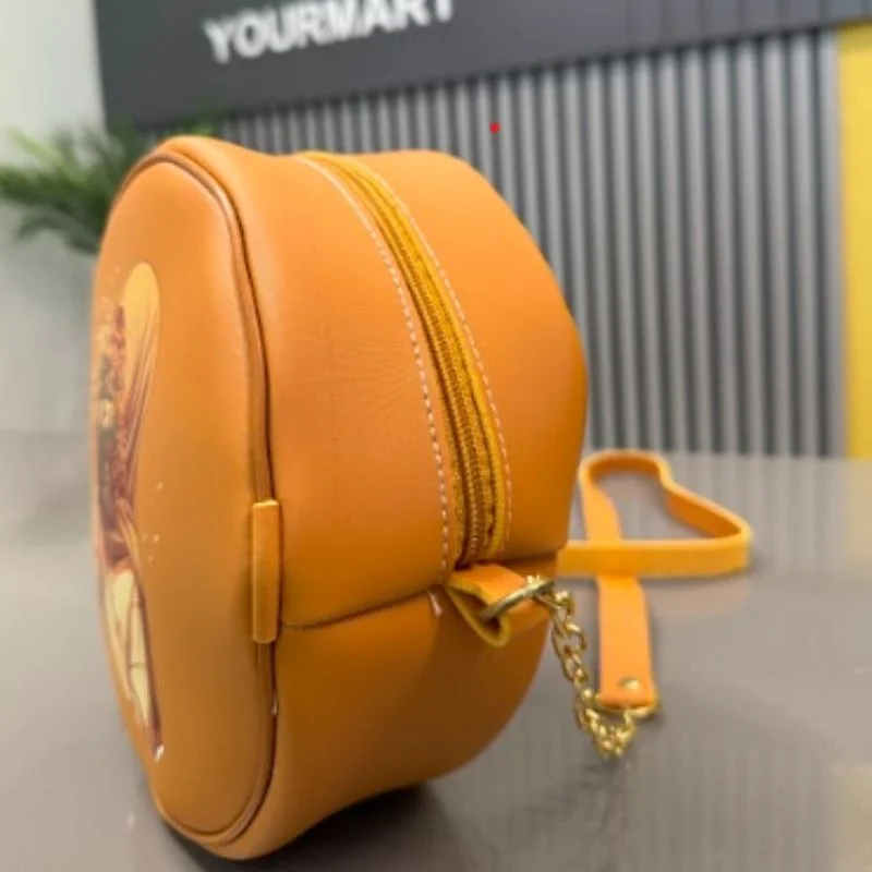 Round Retro Crossbody Handbag | Caramel Faux Leather with Artistic Print for Women - Image 5