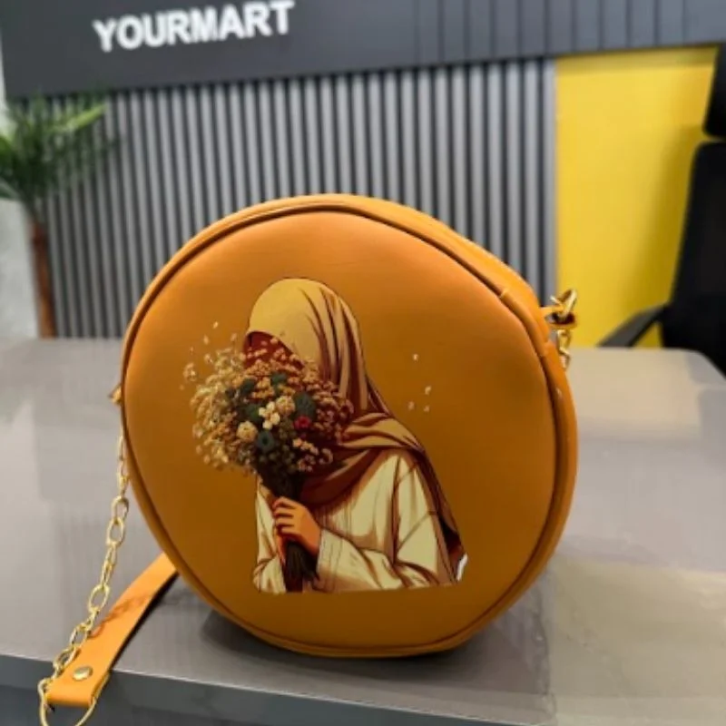 Round Retro Crossbody Handbag | Caramel Faux Leather with Artistic Print for Women - Image 3