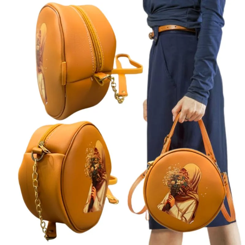 Round Retro Crossbody Handbag | Caramel Faux Leather with Artistic Print for Women - Image 2