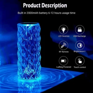 16 Colors Diamond Rose Crystal Touch Lamp | USB Rechargeable Bedside Lamp with Remote